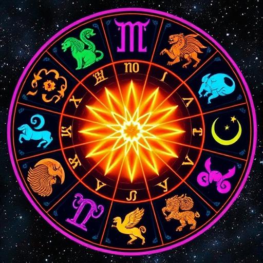 A cosmic-themed image illustrating the twelve zodiac signs, each represented by vibrant symbols encircling a central glowing star.