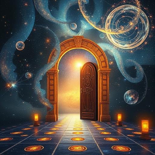 A grand door opening into a mystical universe