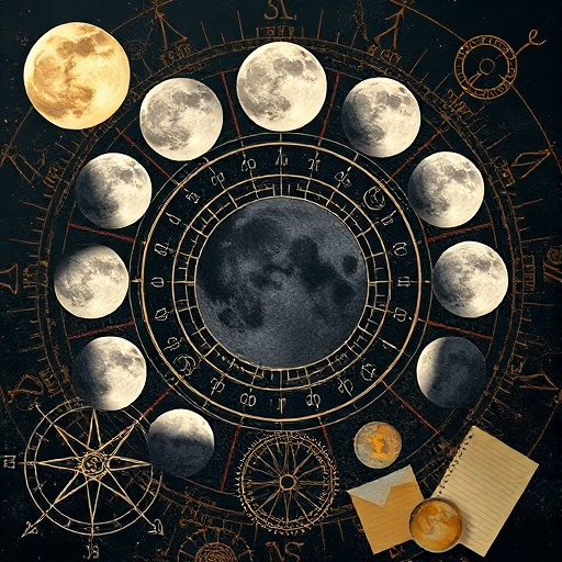 A mystical collage featuring the moon phases and astrological charts.