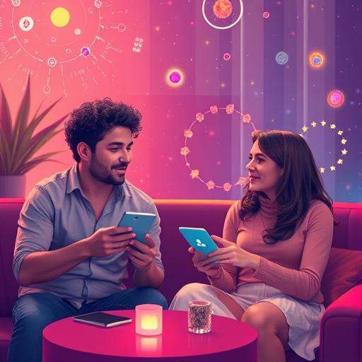 A vibrant and colorful illustration of a futuristic and romantic virtual date scene.