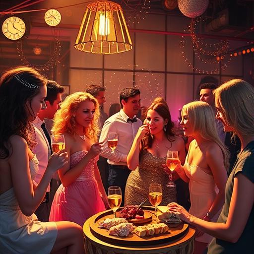 A vibrant party scene capturing various zodiac signs in their energetic elements