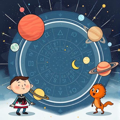 A whimsical illustration depicting a chaotic birth chart