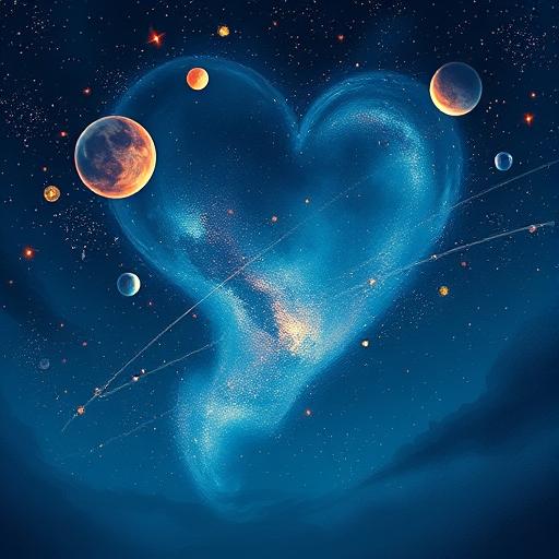 An enchanting illustration depicting a night sky filled with celestial bodies, like stars and planets, intertwined with human emotions and relationships.