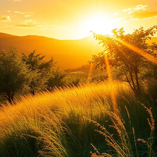 A picturesque summer landscape bathed in golden sunlight