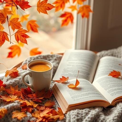 A cozy autumn setting with falling colorful leaves, a steaming pumpkin spice latte, and open astrology books.