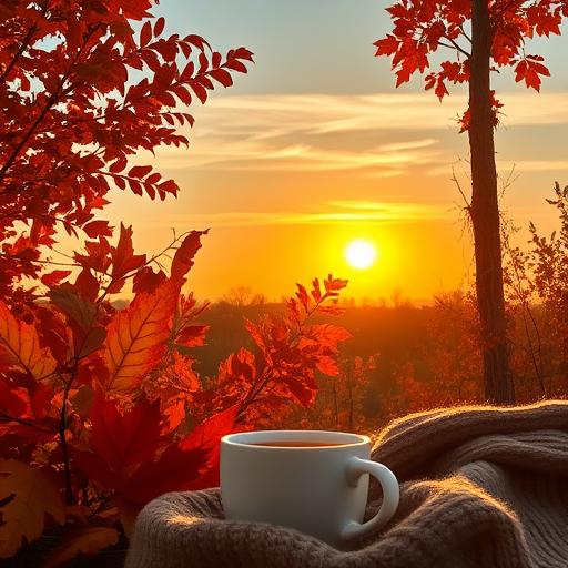 An autumn scene with vibrant colors of fall leaves beneath a clear sky with a golden sunset