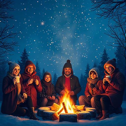 A cozy winter scene depicting a group of people gathered around a bonfire