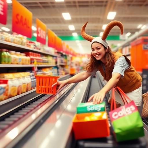 A dynamic shopping scene with zodiac signs subtly incorporated