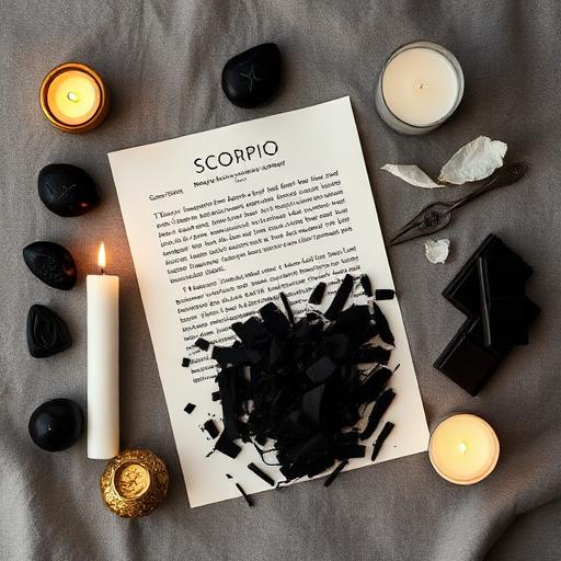 A flat lay visual depicting elements used in Scorpio New Moon rituals.