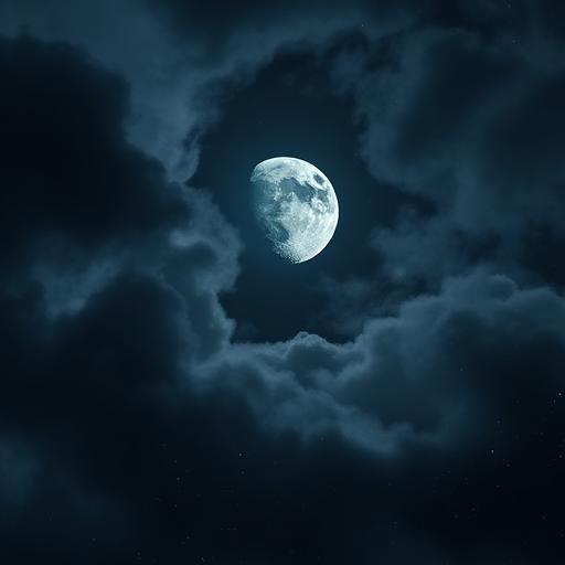 A mystical night sky scene with a dark blanket of clouds, revealing a partial moon adorned with twinkling stars.