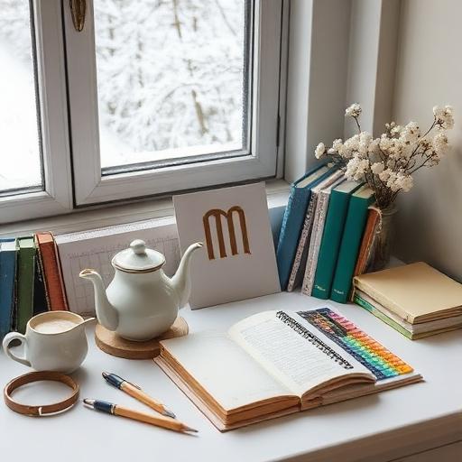A neatly organized desk with journal and tea