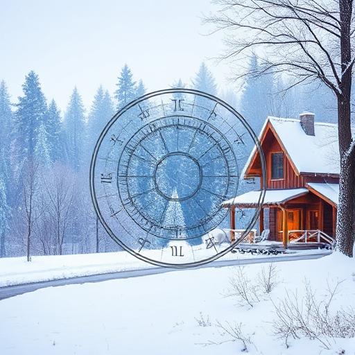 Tranquil winter landscape with a subtle zodiac wheel overlay.