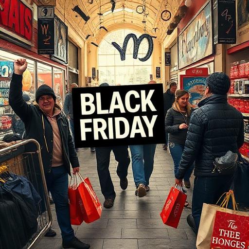 An exciting depiction of Black Friday shopping merging with astrology