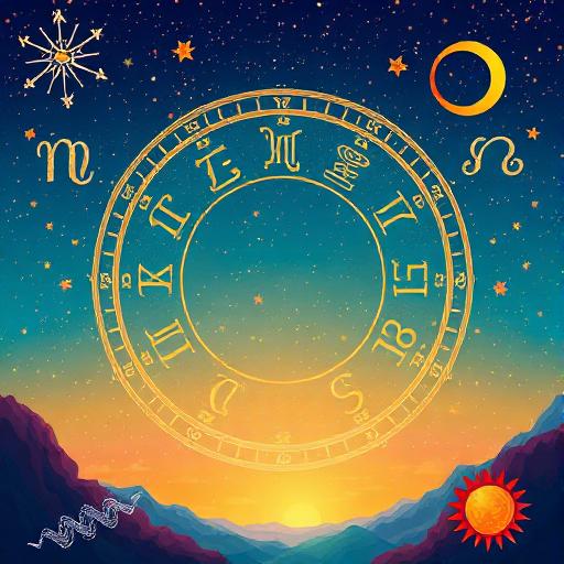 Illustration of celestial scene with zodiac symbols