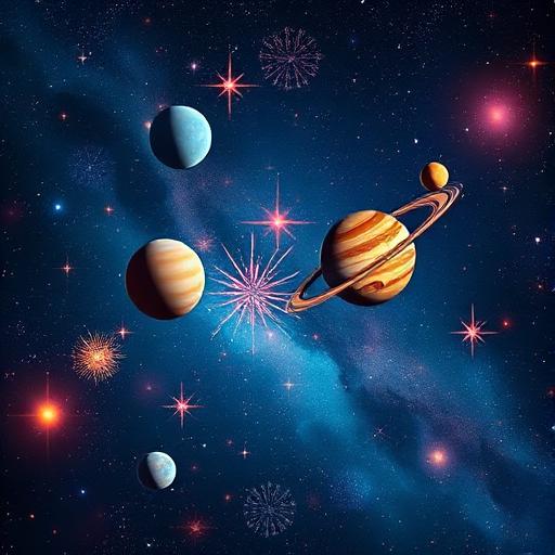 Vibrant cosmic scene with planets and stars in sync